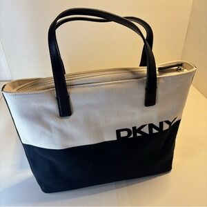 DKNY Black & Ivory White Canvas Zippered Tote Hand Bag Donna Karan New York